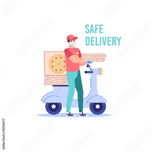 Vector cartoon flat delivery man character shows coronavirus protection covid prevention measures-safe contactless method of delivery and payment,wearing face mask,social distancing,medical concept