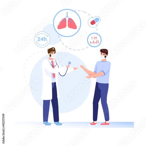 Wallpaper Mural Vector cartoon flat patient,doctor characters in face masks.Physician character examines sick person man with viral infection-coronavirus medical treatment therapy,web online banner ad concept Torontodigital.ca
