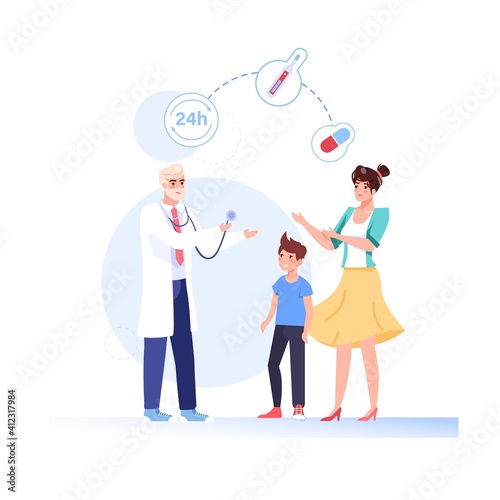 Vector cartoon flat patients,doctor characters.Physician character prescribes medication drugs to family people-medical treatment therapy,online telemedicine,web banner ad concept