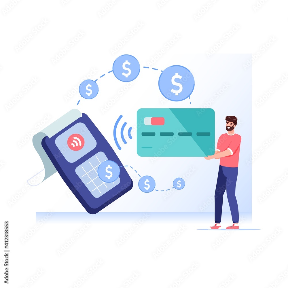 Vector cartoon flat man character makes nfc contactless payment.Happy customer buy goods,make wireless pay with nfc smart card-modern payment technology,online web site ad banner concept design Vector cartoon flat man character makes nfc contactless payment.Happy customer buy goods,make wireless pay with nfc smart card-modern payment technology,online web site ad banner concept design