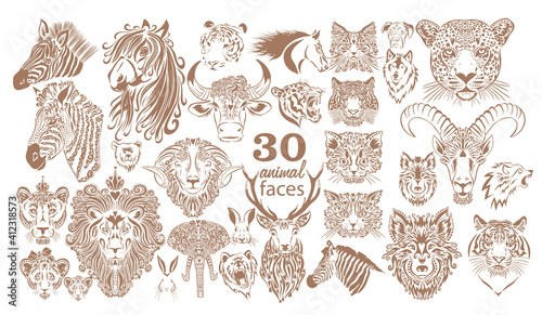 Set of animal faces. Graphic muzzles of animals. Vector illustration