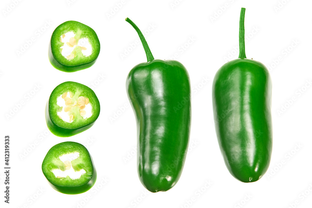 sliced jalapeno peppers isolated on white background. Green chili pepper. Capsicum annuum. top view sliced jalapeno peppers isolated on white background. Green chili pepper. Capsicum annuum. top view