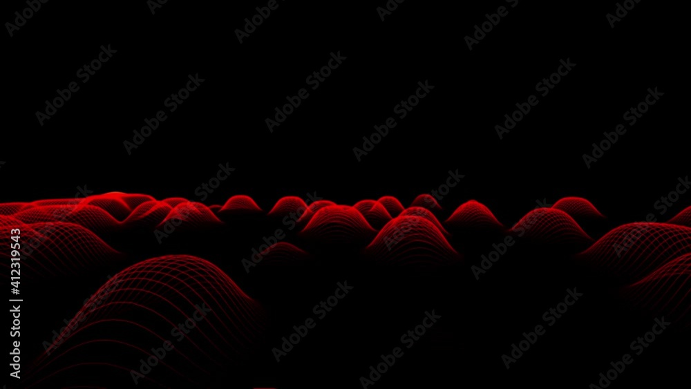 Music sound effects. Abstract red waves landscape rendering, 3D modulation. Modern geometric background with moving digital lines. Colorful futuristic animation. Dj party.