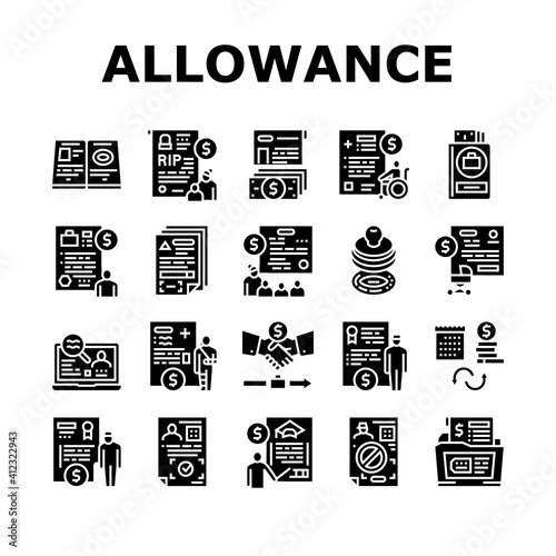 Allowance Finance Help Collection Icons Set Vector. Checking Status And Issue Of Allowance, Loss Of Breadwinner And Pregnancy Glyph Pictograms Black Illustrations