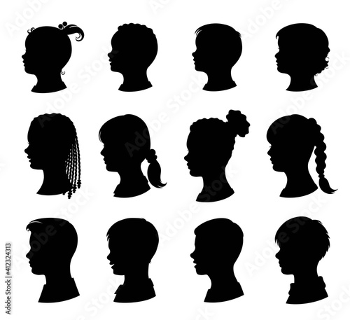 Kids silhouettes set. Collection of vector silhouettes of boys and girls. Young children and teenagers with a variety of hairstyles.  Isolated black silhouette. Vector illustration