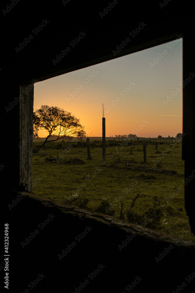 Fototapeta premium sunset on the field from a windows 