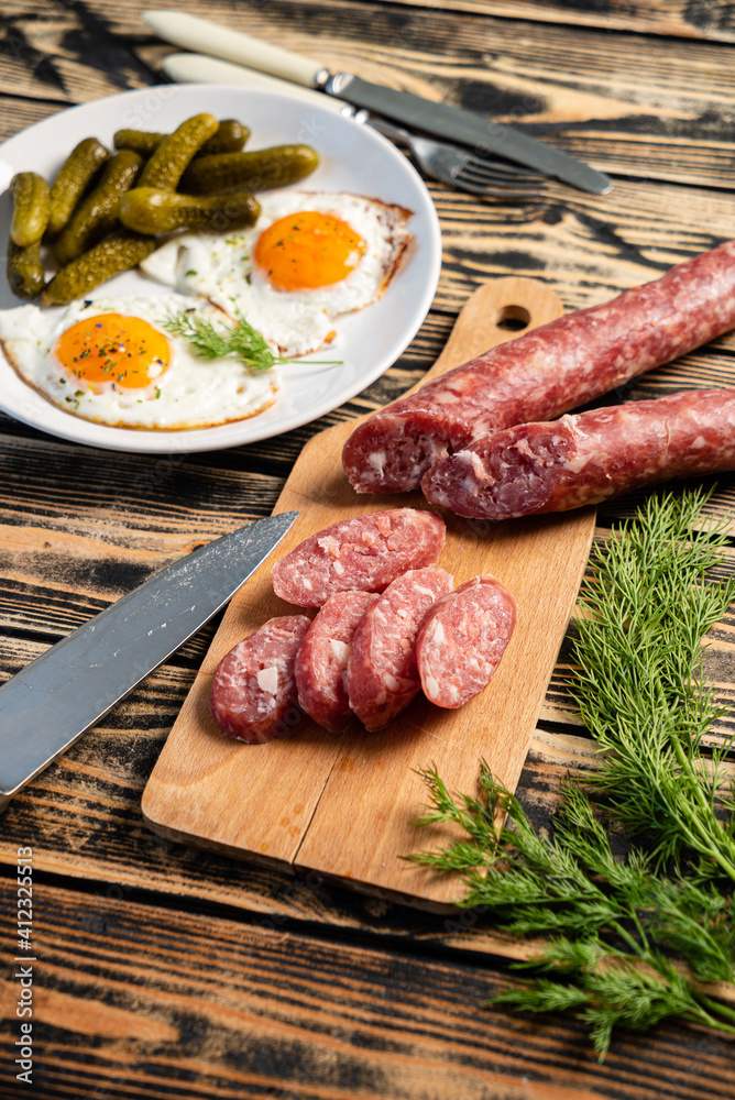 breakfast with egg, sausage and beans breakfast with egg, sausage and beans
