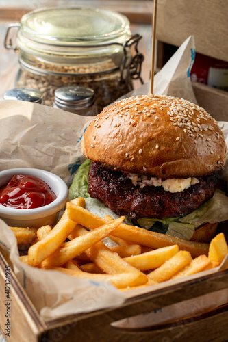 Wallpaper Mural Close up of with brie burger and berry sauce with french fries, gourmet beer restaurant Torontodigital.ca
