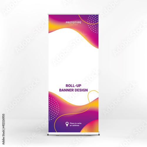 Roll-up banner design, creative advertising background, liquid elements, vector