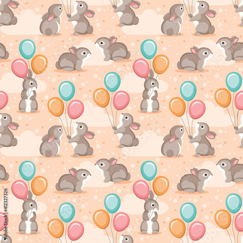 Seamless pattern with adorable cartoon bunnies with colorful balloons. Vector illustrtion.