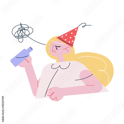 Young woman suffering from hangover drinking wine feeling unwell in morning