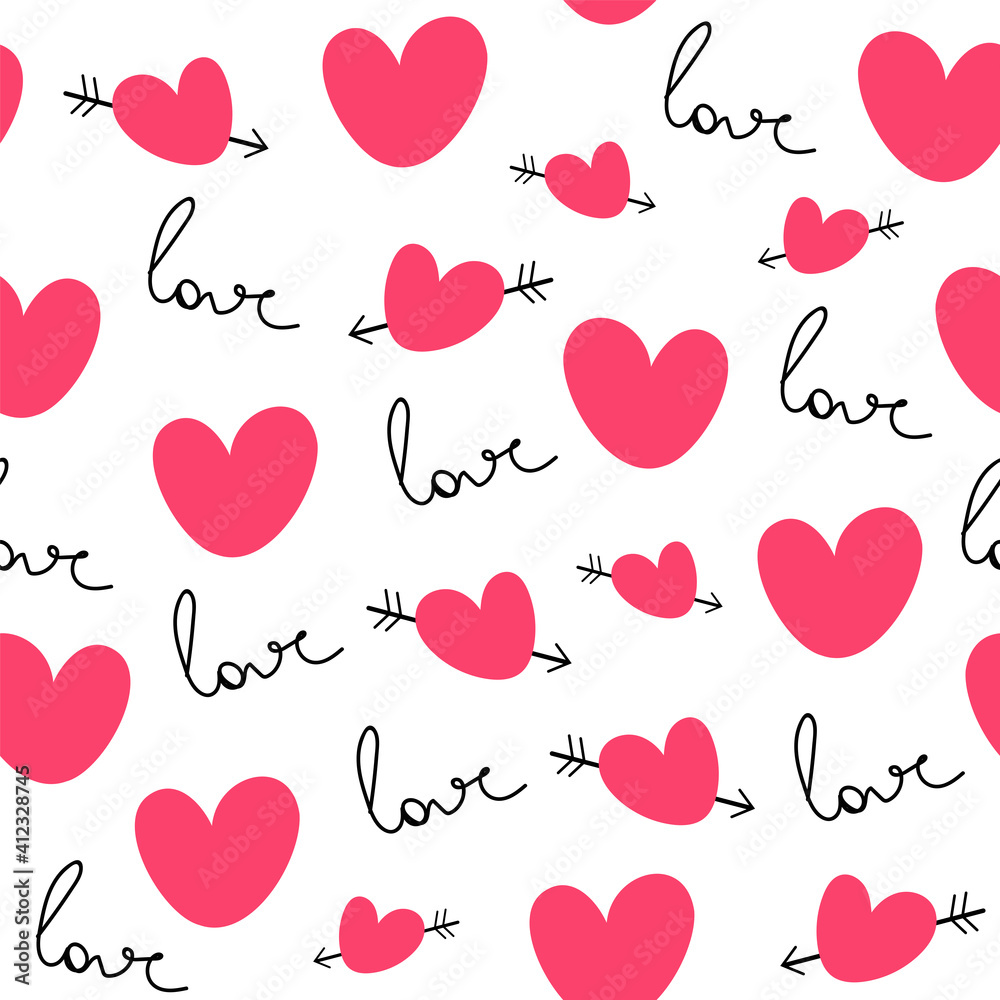 Seamless pattern red hearts and love inscriptions
