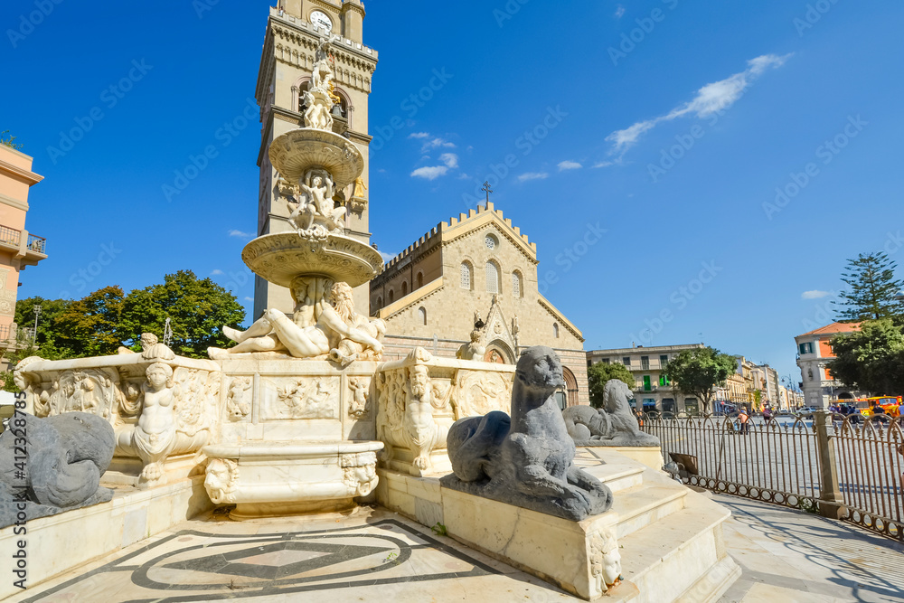 Messina Cathedral on the Mediterranean island of Sicily, Italy. Reclining marble figures and a sphinx highlight the Fountain of Orion