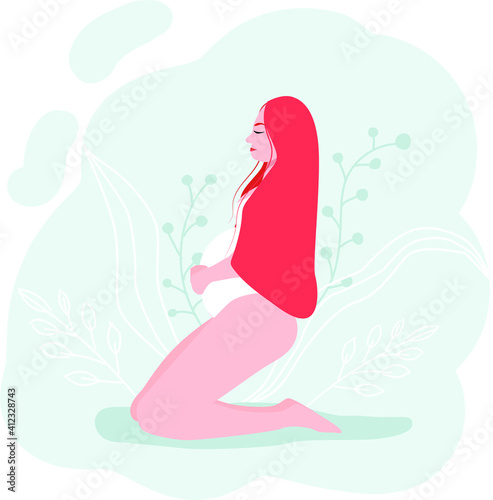  Pregnant girl in underwear holding belly flat vector. pregnant girl who has big belly. She surrounded thoughts about taking care baby, about feeding