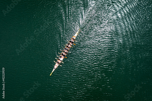 Canvas Print Top view of standard dragon boat on the lake