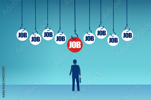 Vector of a business man looking for an employment with multiple job offers on the fish hook above him