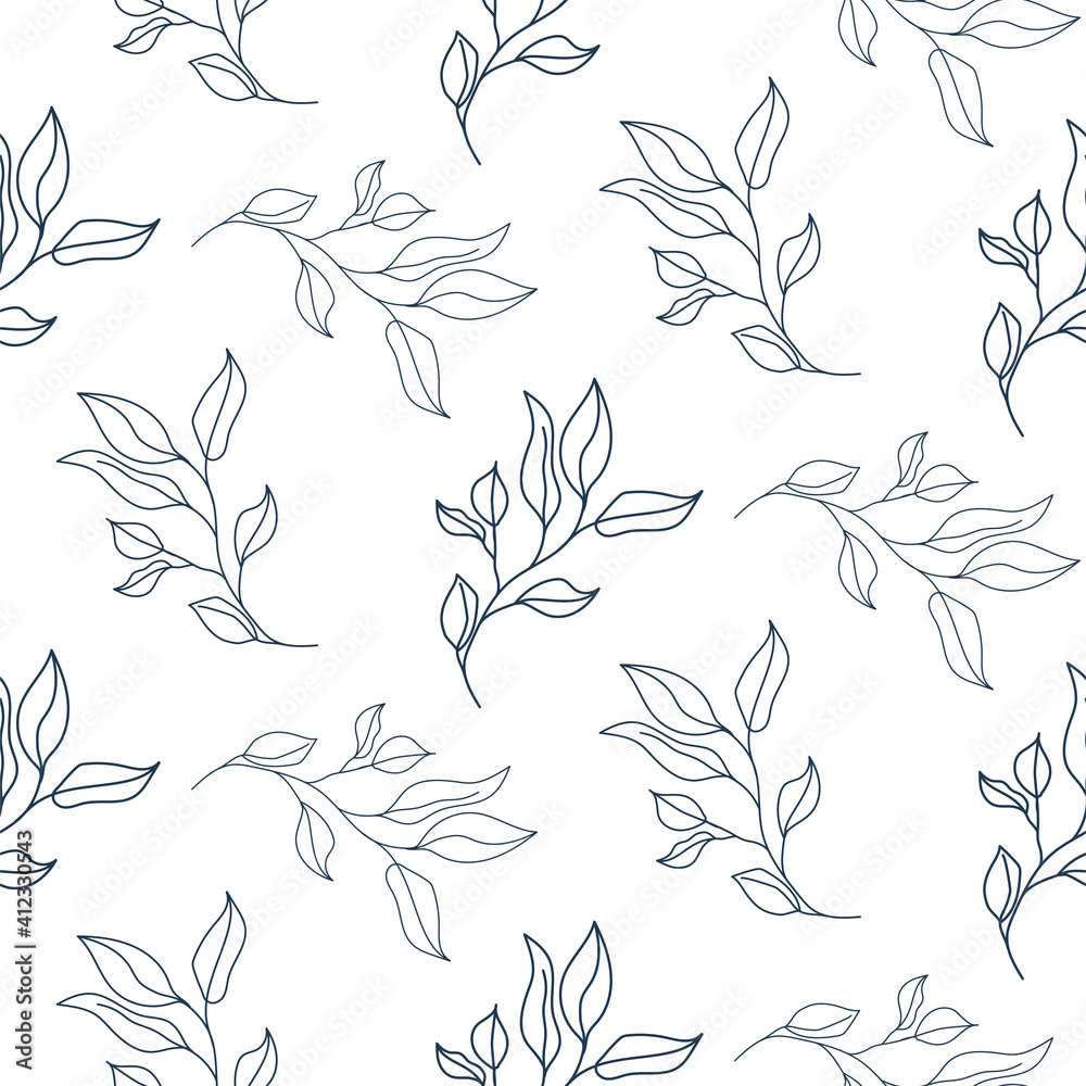 Seamless leaves spring pattern line style. Light natural foliage print design.
