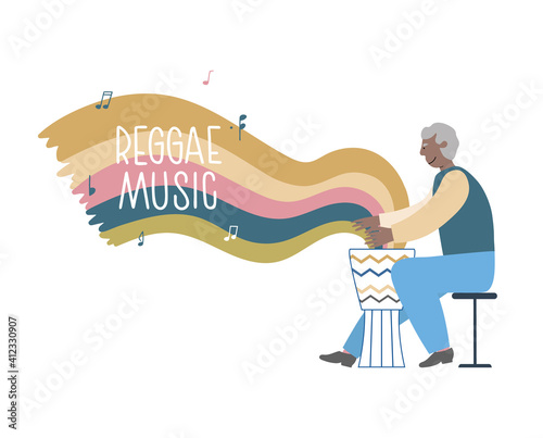 Positive senior play reggae music. on drum. Men has fun, beats and music spread everywere. Happy, quality old age. Concept vector illustration for card, web, booklet