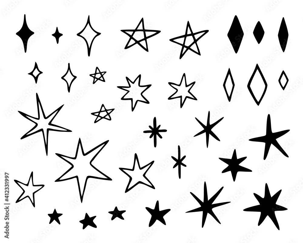 Vector set of different stars and sparkles. Hand drawn, doodle elements isolated on white background. Vector set of different stars and sparkles. Hand drawn, doodle elements isolated on white background.