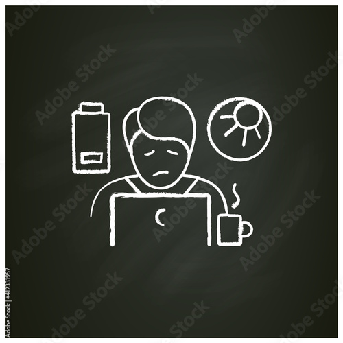 Daytime fatigue chalk icon. Narcolepsy. Sleep disorder. Healthy sleeping concept. Sleep problems treatment. Falling asleep in day time. Isolated editable vector illustration on chalkboard