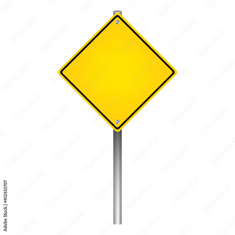 Blank yellow square warning sign on a pole, vector illustration Blank yellow square warning sign on a pole, vector illustration