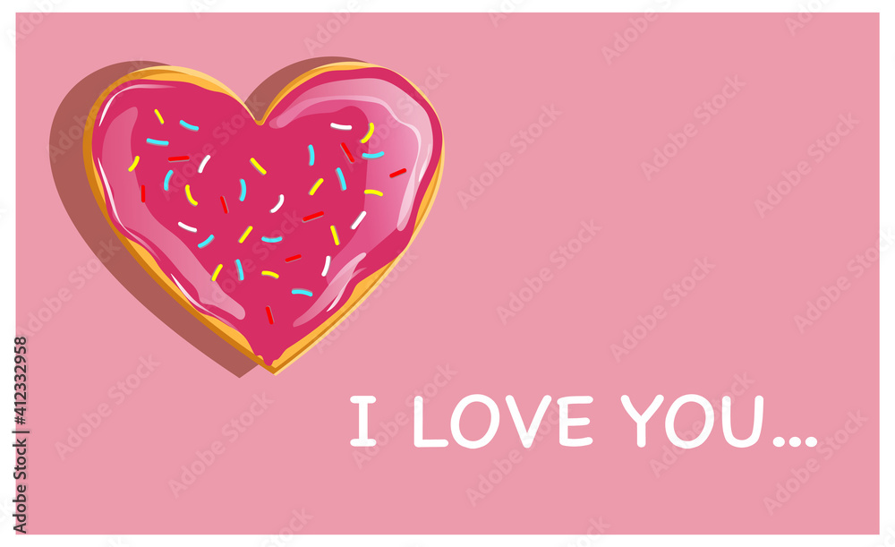 I Love you sweat donut heart on the pink background.Valentines gift card.