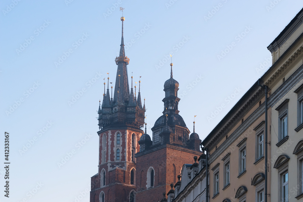 Cracow (KrakÔøΩ_w), Poland - Gothic Towers of the Iconic St. Mary's Basilica Cracow (KrakÔøΩ_w), Poland - Gothic Towers of the Iconic St. Mary's Basilica