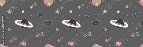 Abstract space seamless border on the dark background.