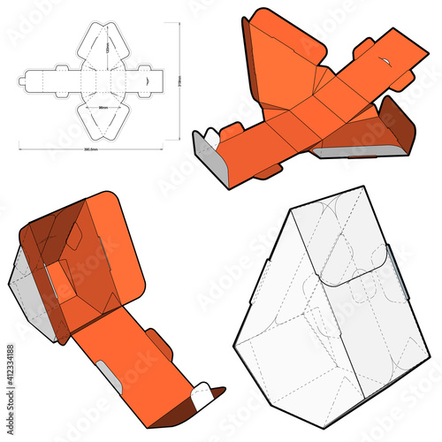Triangular Self Assembly Packaging and Die-cut Pattern. Ease of assembly, no need for glue. The .eps file is full scale and fully functional. Prepared for real cardboard production.