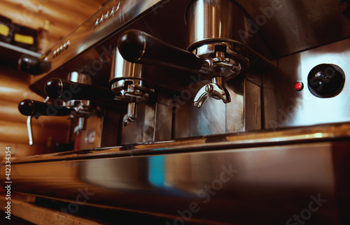 Espresso machine in pub  bar  restaurant. Professional coffee machine. Closeup