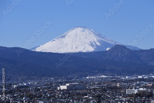 A view of Mt.Fuji in February,completely covered with snow