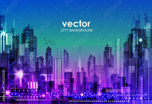 Night city illustration with neon glow and vivid colors. illustration with architecture, skyscrapers, megapolis, buildings, downtown.