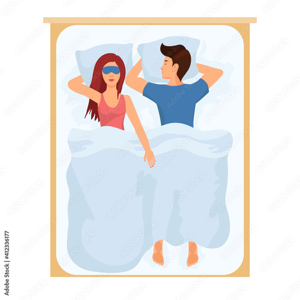 Sleeping family man and woman lie on the bed. Top view of the composition. Sleeping family man and woman lie on the bed. Top view of the composition.
