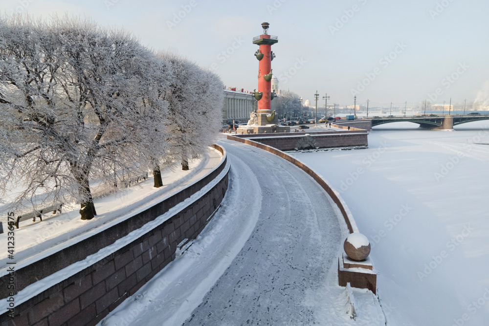 Aerial view of red rostral column on Vasilyevski island in winter with frosty trees in the foreground