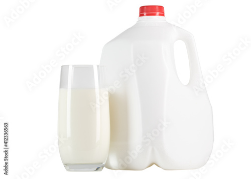 Milk. Glass of milk and one gallon of whole milk. Organic milk product. White plastic bottle one gallon or 3.78 liter on white isolated background. 