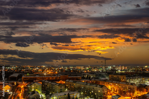 Evening city background of beautiful sunset in Ukraine