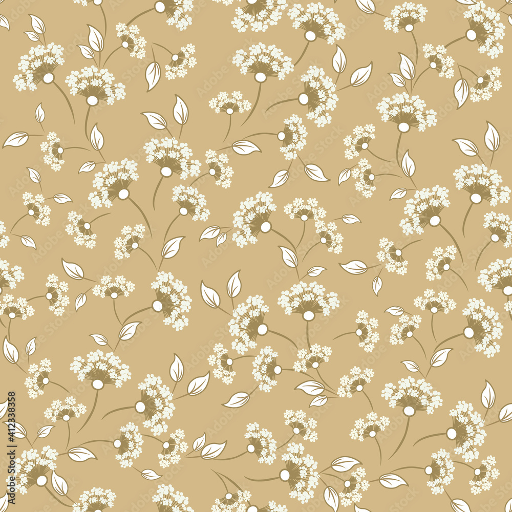 Golden vector floral seamless pattern. Abstract background with small gold flowers, leaves, branches. Liberty style wallpapers. Elegant ditsy texture. Luxury Oriental floral ornament. Repeat design 