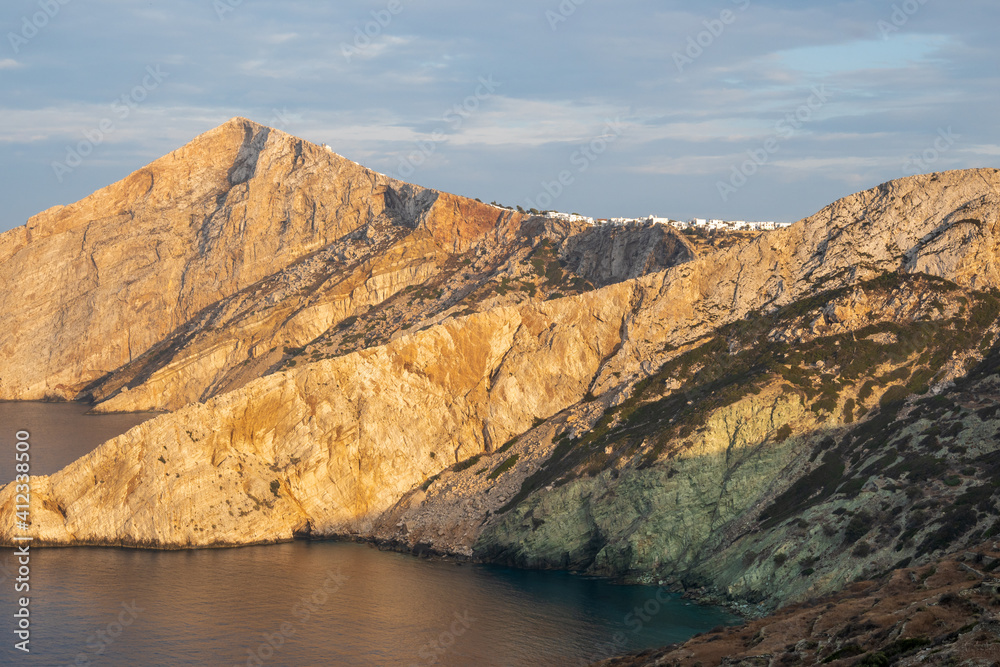 Amazing cliffs seen during sunset on the island of Folegandros. Cyclades, Greece