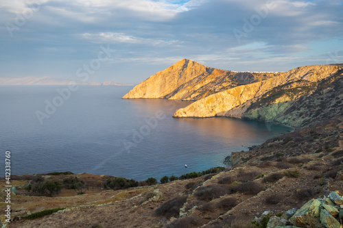 Amazing cliffs seen during sunset on the island of Folegandros. Cyclades, Greece