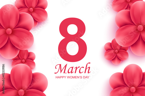 Happy women's day greeting card. Beautiful red flowers with shadow on white background. Vector illustration of congratulation on 8th of March. Delicate floral banner design with realistic 3d flowers.