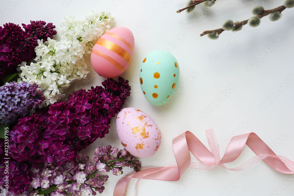 Easter greeting card. easter eggs and flowering branch