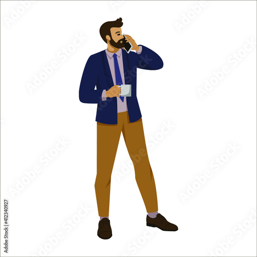 businessman, coaching, talking on the phone and drinking coffee during a break, standing on an isolated white background. vector illustration in cartoon style, flat