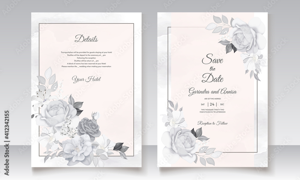 Elegant wedding invitation card with grey floral and leaves template Premium Vector Elegant wedding invitation card with grey floral and leaves template Premium Vector