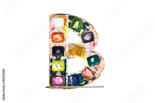 Font, a letter B made of watercolors and paints