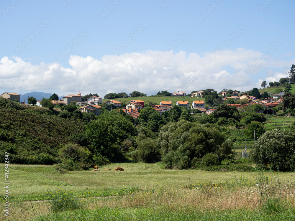 Obraz premium Paisaje de naturaleza en España, con casas de tejados rojos, campo verde con árboles y un cielo azul con nubes blancas al fondo en Cantabria, verano de 2020