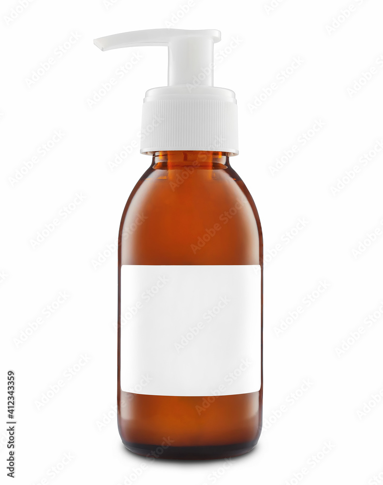 Fototapeta premium Amber glass bottle for cosmetics with blank white label. Mock-up.