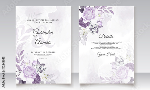  Elegant wedding invitation card with purple  floral and leaves template Premium Vector