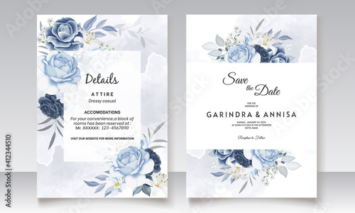  Elegant wedding invitation card with navy blue  floral and leaves template Premium Vector