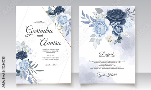  Elegant wedding invitation card with navy blue  floral and leaves template Premium Vector