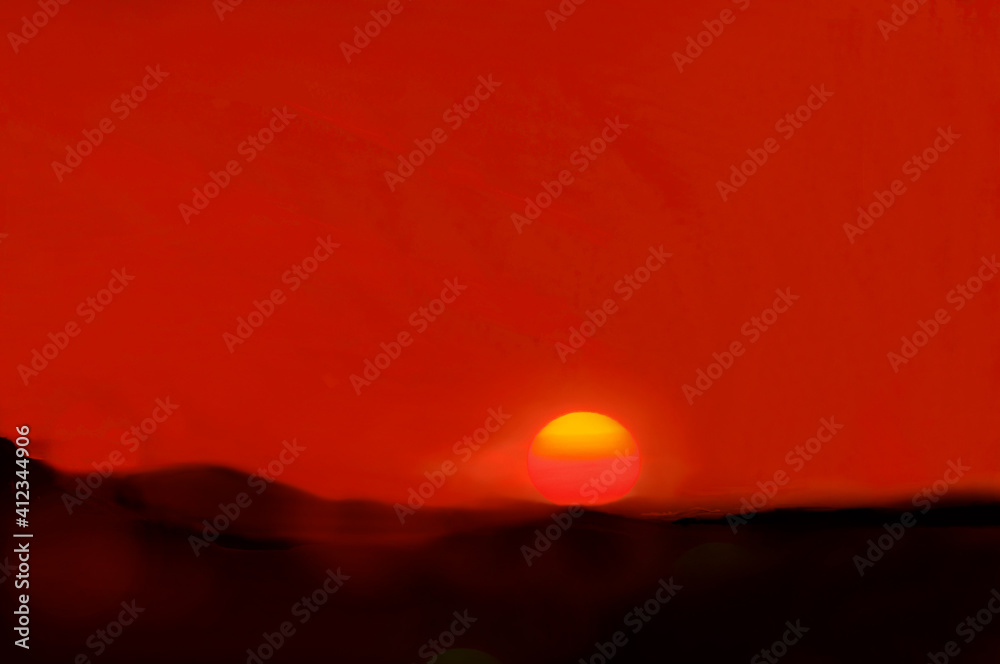 Sunset in red colors, bright sun and mountains, digital drawing on the theme of post-apocalypse or fantasy worlds. Horizontal illustrations for stories and books, commercial use. Sunset in red colors, bright sun and mountains, digital drawing on the theme of post-apocalypse or fantasy worlds. Horizontal illustrations for stories and books, commercial use.